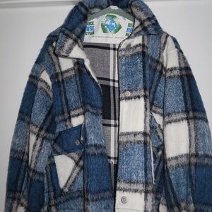ZARA womens cropped plaid overshirt in blue and white L
